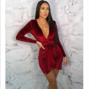 Wine Velvet Tie Front Bodycon Mini Dress
